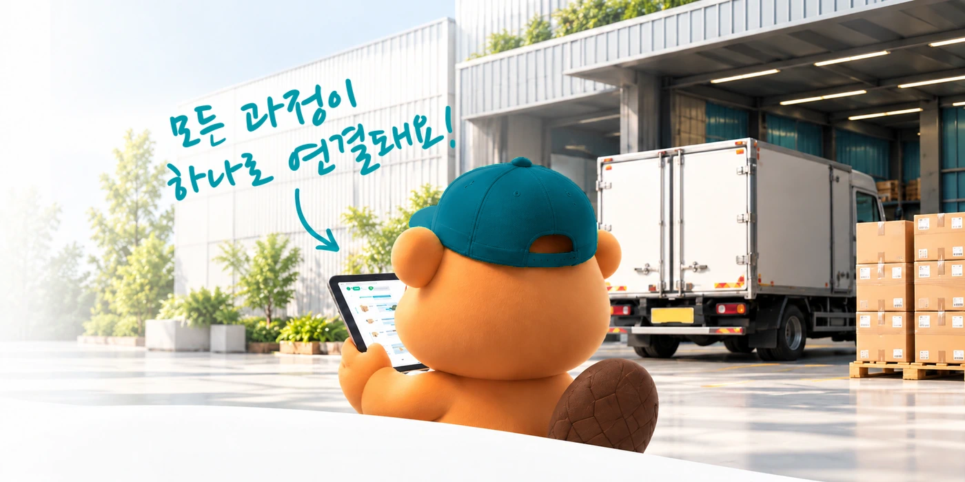 물류 창고를 배경으로 태블릿을 확인하는 펀딧 마스코트